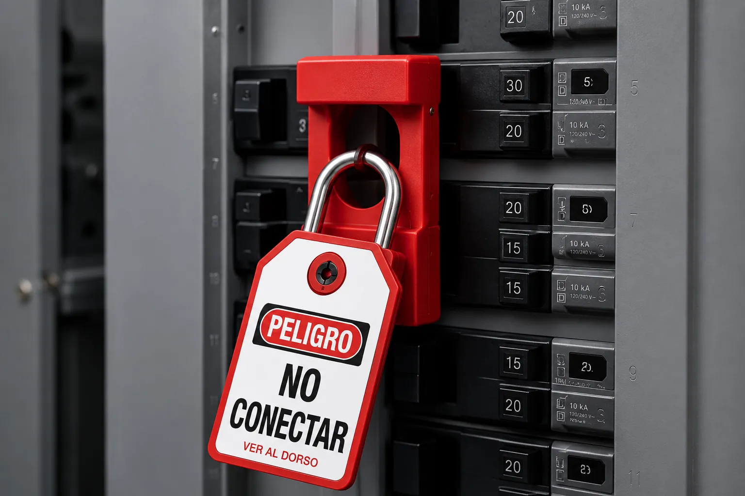 Dispositivo de bloqueo eléctrico de seguridad instalado en un interruptor de tablero eléctrico con candado y tarjeta de advertencia LOTOTO para prevenir la energización accidental durante labores de mantenimiento.