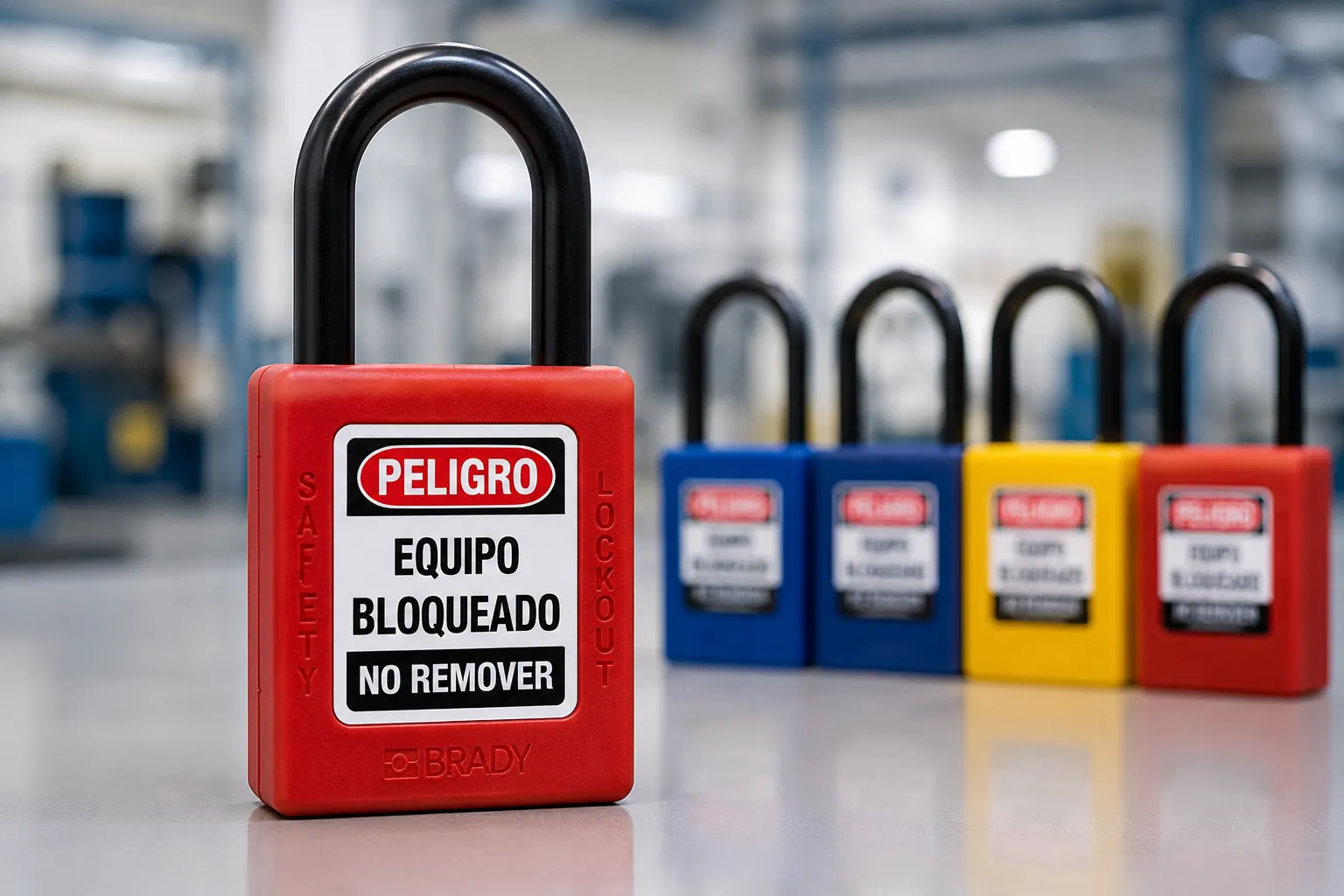 Candado de seguridad LOTOTO rojo utilizado para el bloqueo de energías peligrosas durante trabajos de mantenimiento industrial, evitando la energización accidental de equipos.