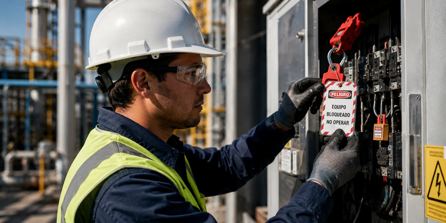 Ingeniero de seguridad industrial inspeccionando un tablero eléctrico durante la implementación de un procedimiento de bloqueo y etiquetado LOTOTO.