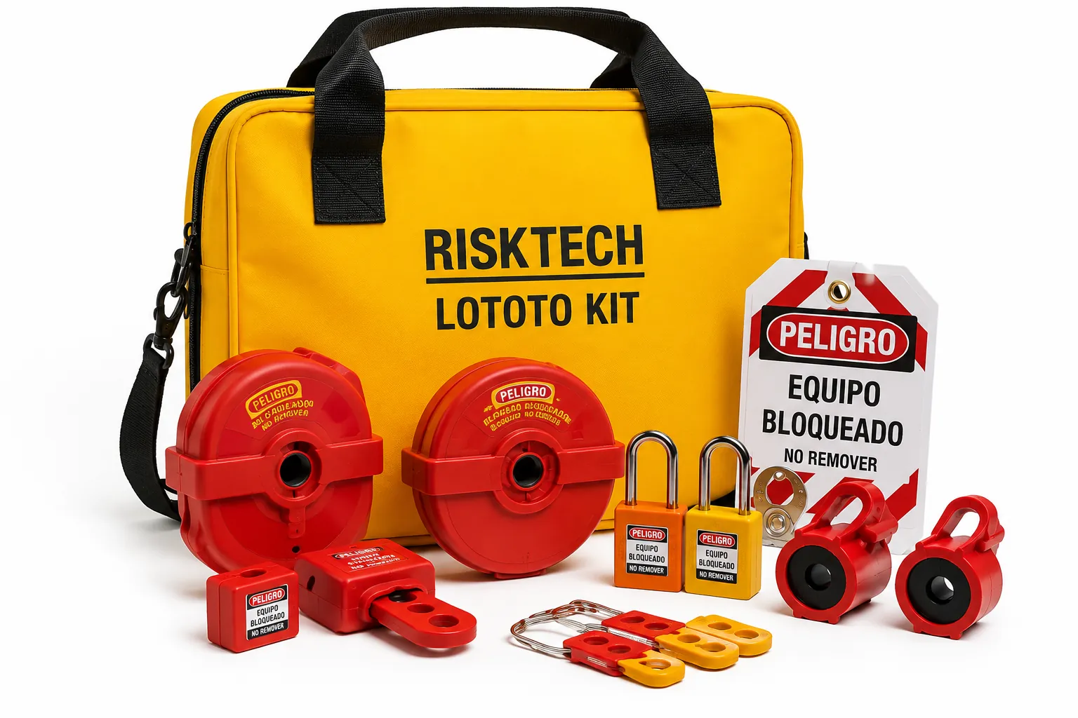Kit LOTOTO con candados, bloqueos de válvulas, dispositivos para bloqueo eléctrico, tarjetas de advertencia y accesorios de seguridad para implementar procedimientos de bloqueo y etiquetado en instalaciones industriales.