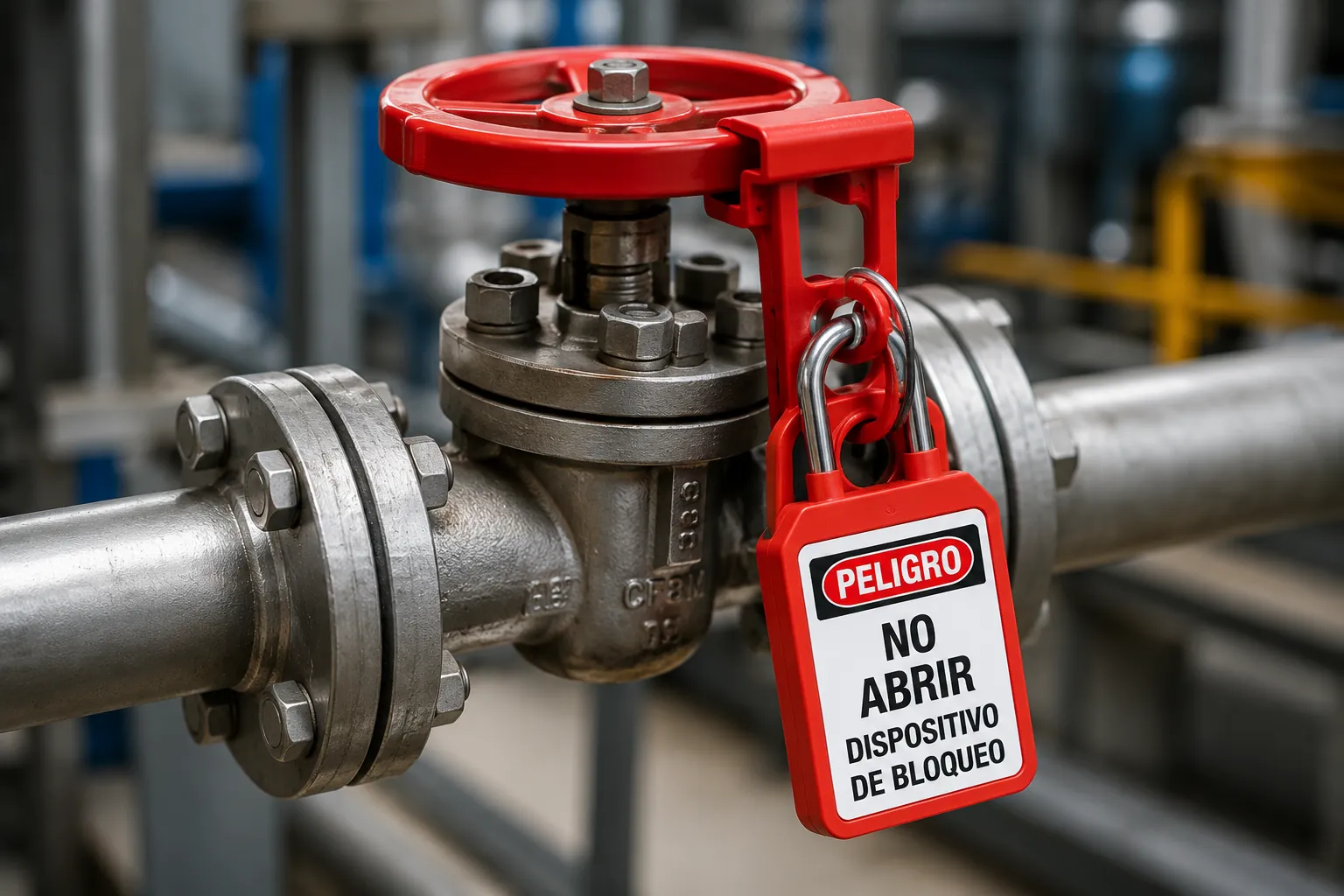 Dispositivo de bloqueo de seguridad instalado en una válvula industrial con candado y tarjeta de advertencia LOTOTO para impedir la operación accidental durante trabajos de mantenimiento.